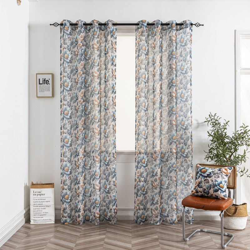 Cortina de Linho com Estampa Floral Azul 140*260cm-Individual - BOD HOME