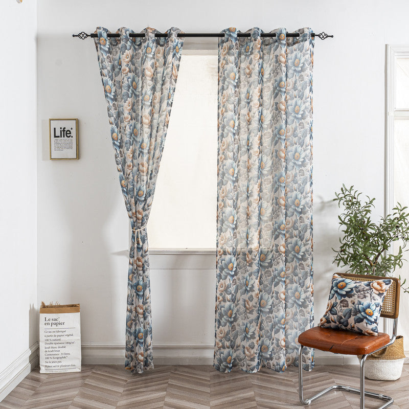 Cortina de Linho com Estampa Floral Azul 140*260cm-Individual - BOD HOME