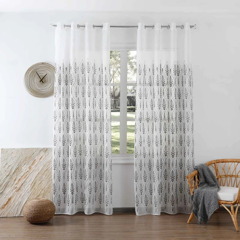 Cortina Bordada com Folhas Elegantes Castanho 140*260CM-Individual- BOD HOME