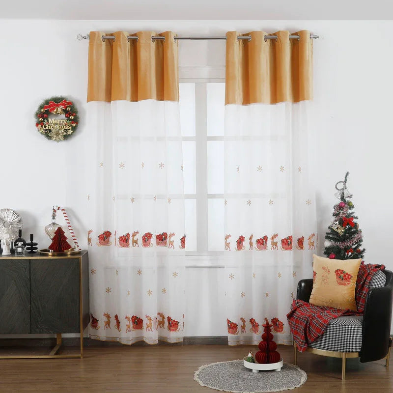 Cortina de Natal com estampa do Pai Natal Castanho 140*260CM-Individual- BOD HOME