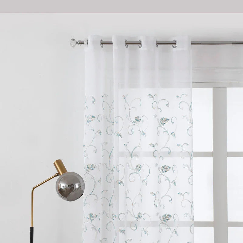Cortina Transparente Bordada Com Folhas Azuis - Individual- BOD HOME