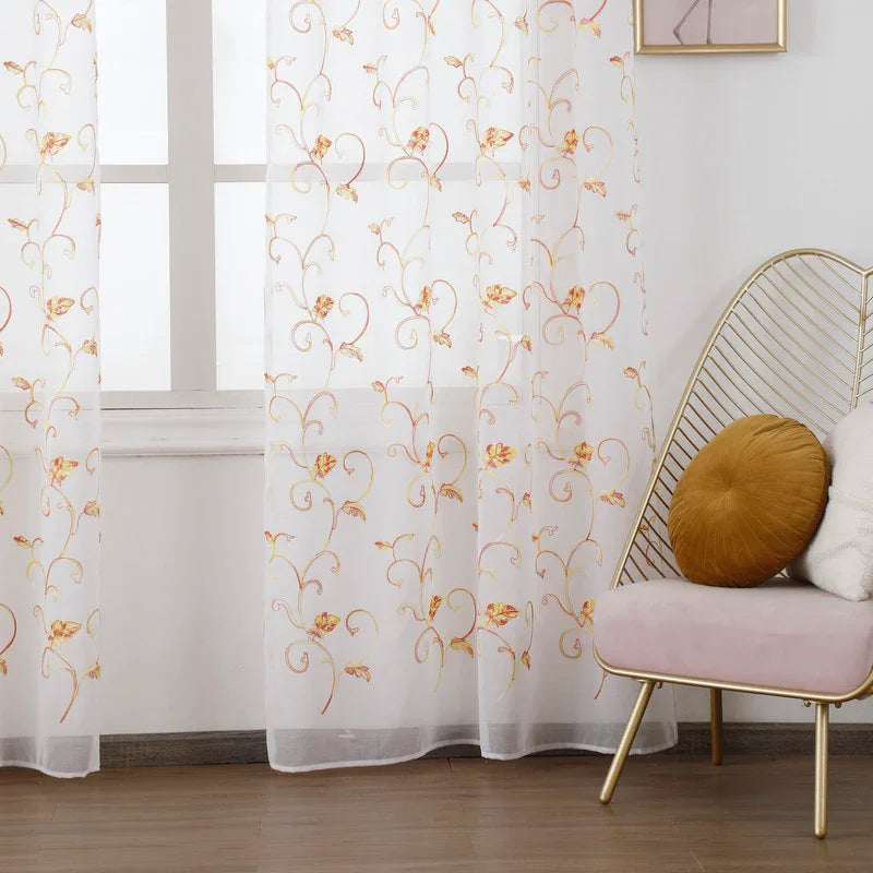 Cortina Transparente Bordada Com Folhas Laranjas - Individual- BOD HOME