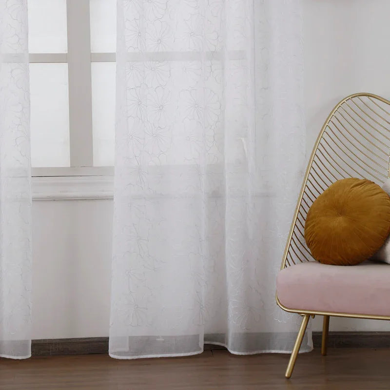 Cortina Transparente Bordada Com Flores Brancas - Individual- BOD HOME