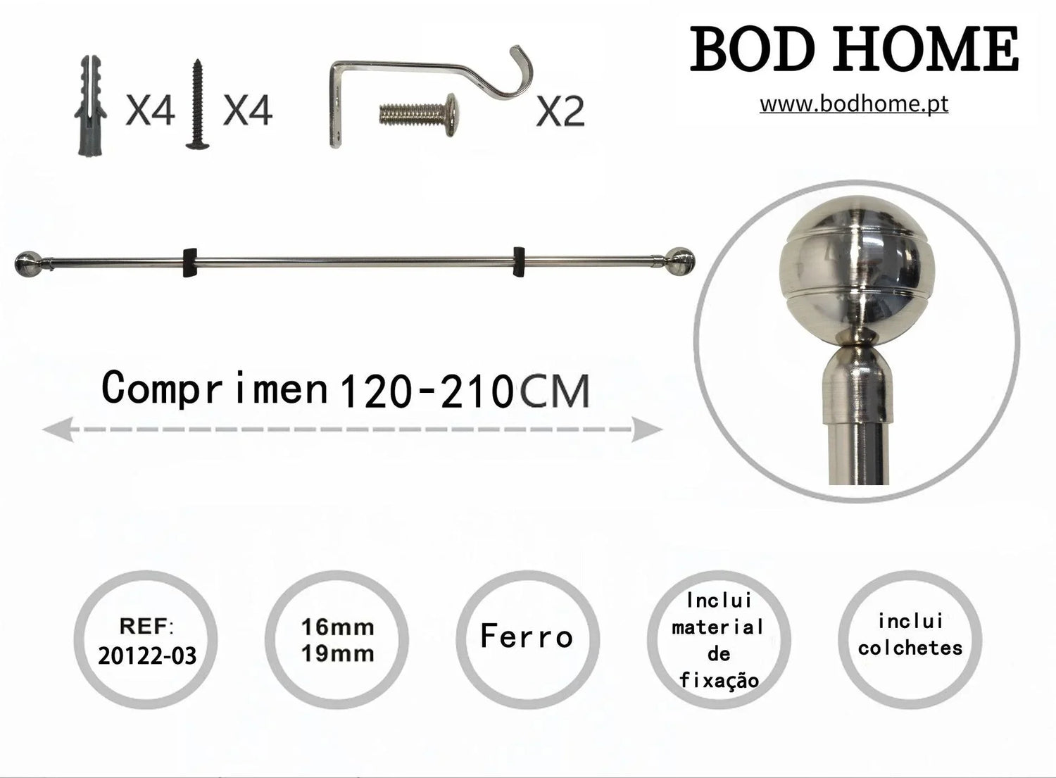 Varao De Cortina 120-210cm Esférica Prateada - BOD HOME