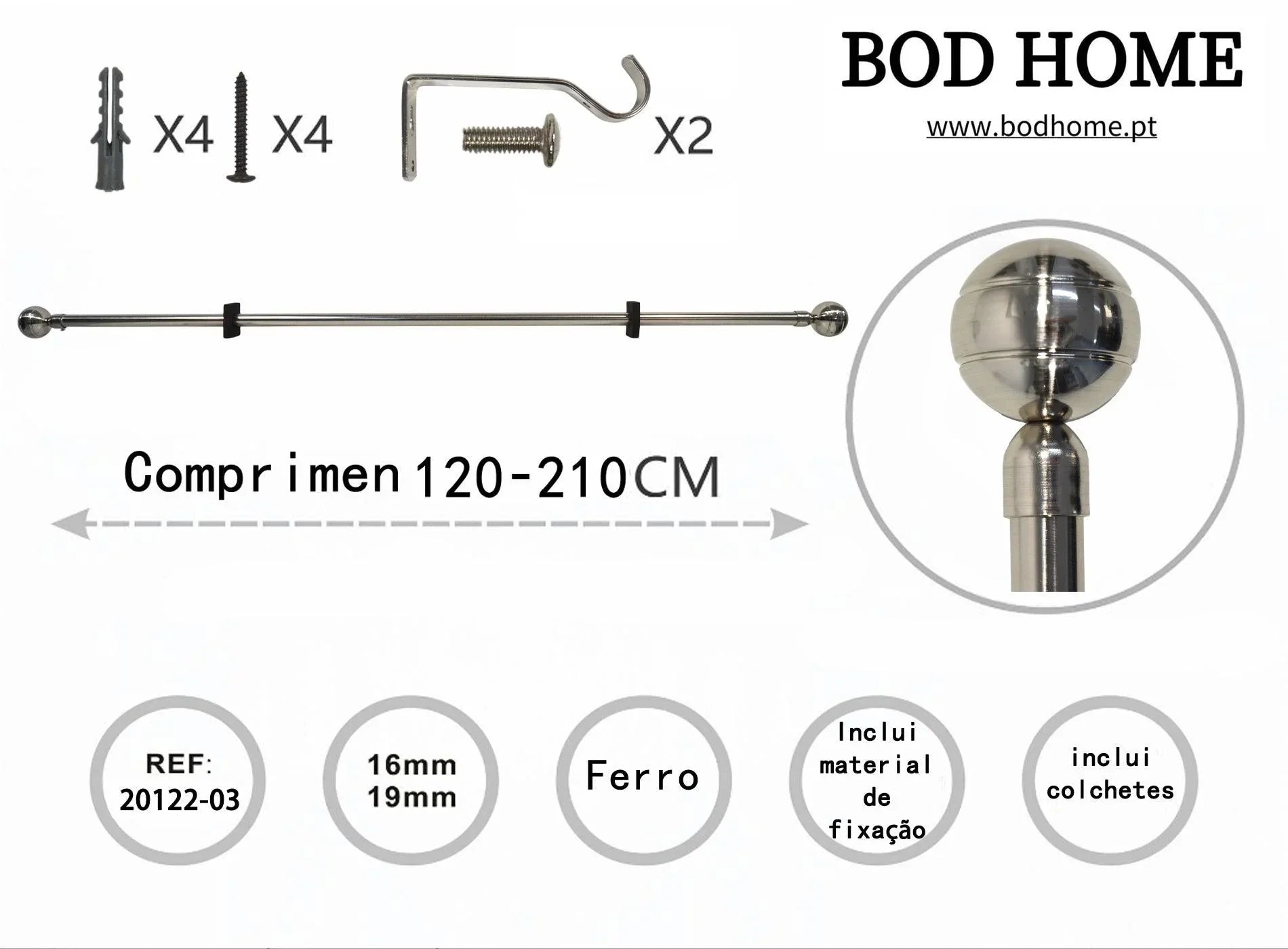 Varao De Cortina 120-210cm Esférica Prateada - BOD HOME