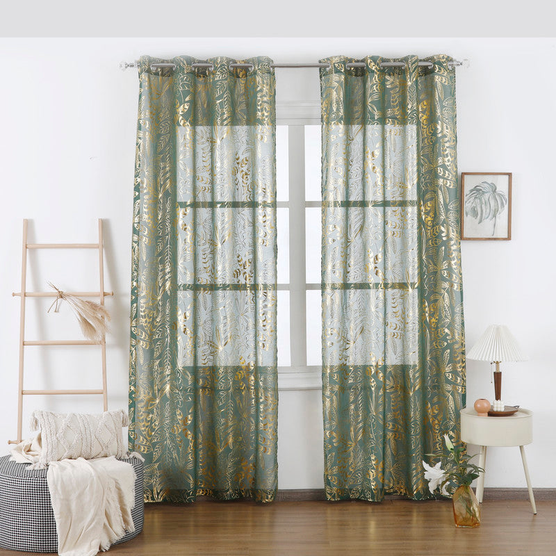 Cortina Translúcida Com Estampado de Folhas Douradas-Verde Elegante- BOD HOME