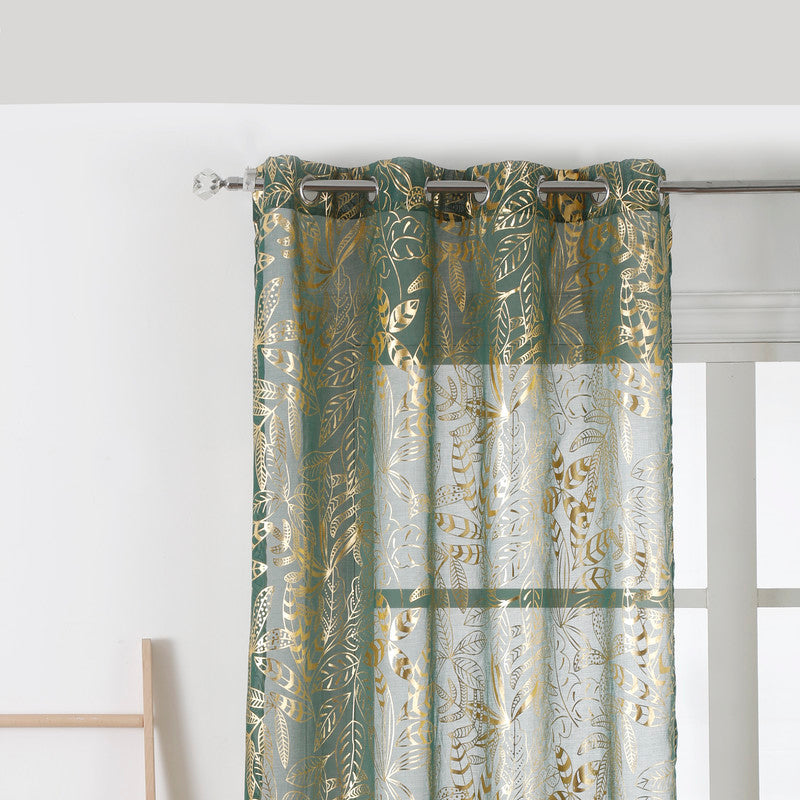 Cortina Translúcida Com Estampado de Folhas Douradas-Verde Elegante- BOD HOME