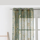 Cortina Translúcida Com Estampado de Folhas Douradas-Verde Elegante- BOD HOME