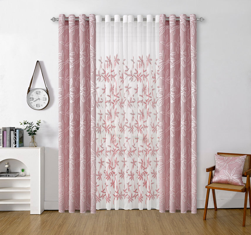 Cortina Jacquard com Estampa de Folhas Outono Rosa Escura 140*260CM-Individual- BOD HOME