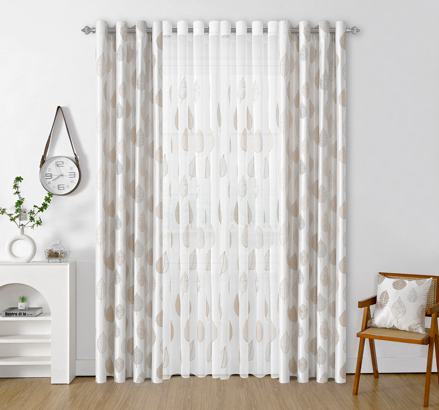 Cortina Bordado com Folhas Primaveras Castanho 140*260CM-Individual- BOD HOME