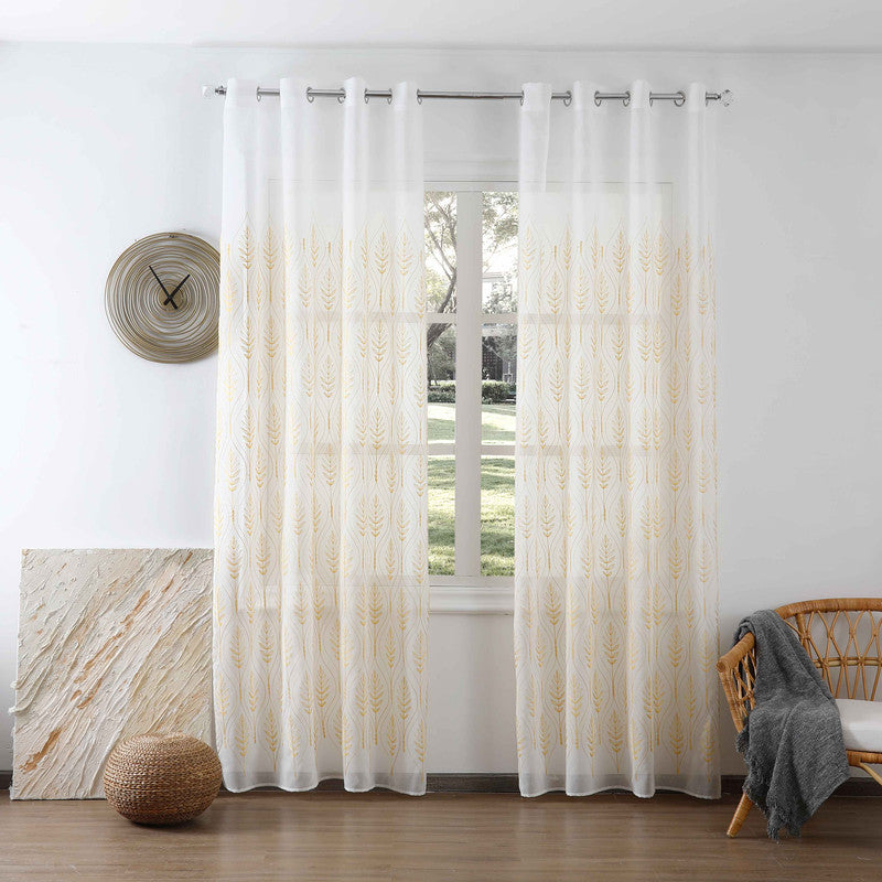 Cortina Bordada com Folhas Elegantes Amarelo 140*260CM-Individual- BOD HOME