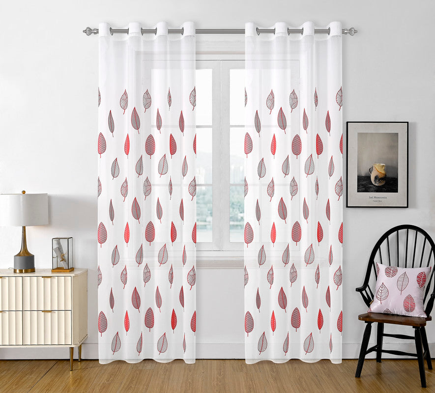 Cortina Bordado com Folhas Primaveras Vermelho 140*260CM-Individual- BOD HOME