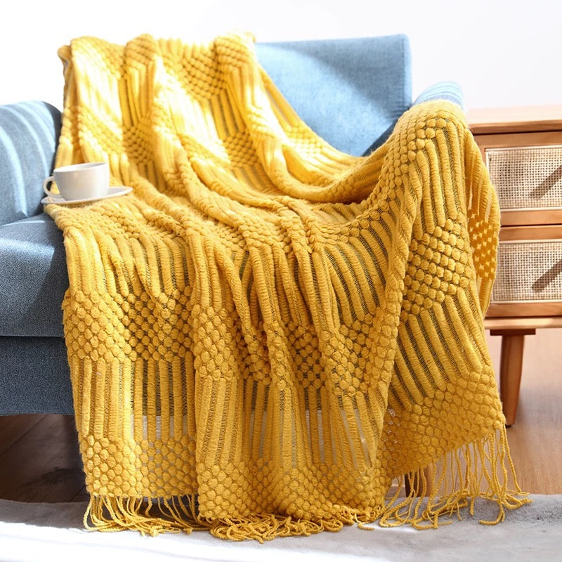 Manta de Malha com Franja de Design Amarelo - BOD HOME