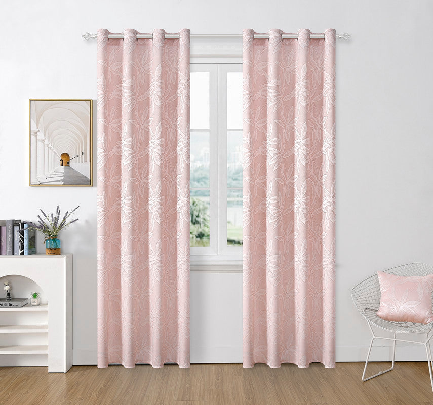 Cortina Jacquard com Estampa de Folhas Outono Rosa Clara 140*260CM-Individual- BOD HOME