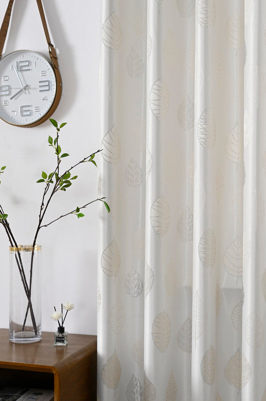 Cortina Jacquard com Estampa de Folhas Primavera Bege 140*260CM-Individual- BOD HOME