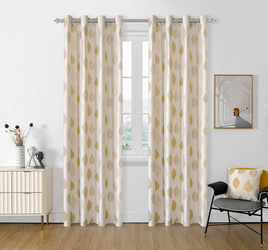 Cortina Jacquard com Estampa de Folhas Primavera Dourado 140*260CM-Individual- BOD HOME