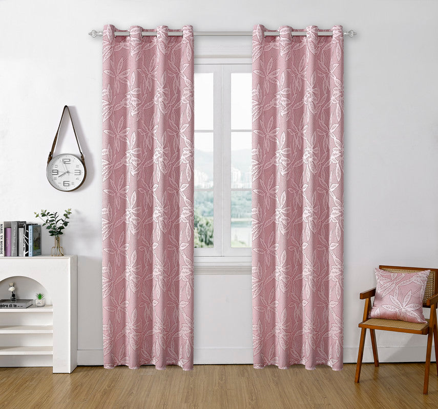 Cortina Jacquard com Estampa de Folhas Outono Rosa Escura 140*260CM-Individual- BOD HOME