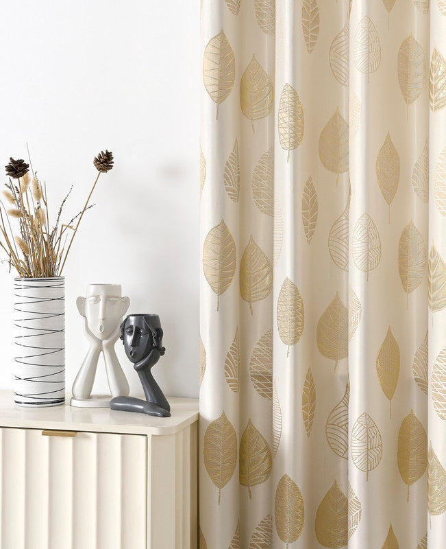 Cortina Jacquard com Estampa de Folhas Primavera Dourado 140*260CM-Individual- BOD HOME