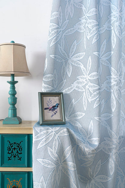 Cortina Jacquard com Estampa de Folhas Outono Azul 140*260CM-Individual- BOD HOME