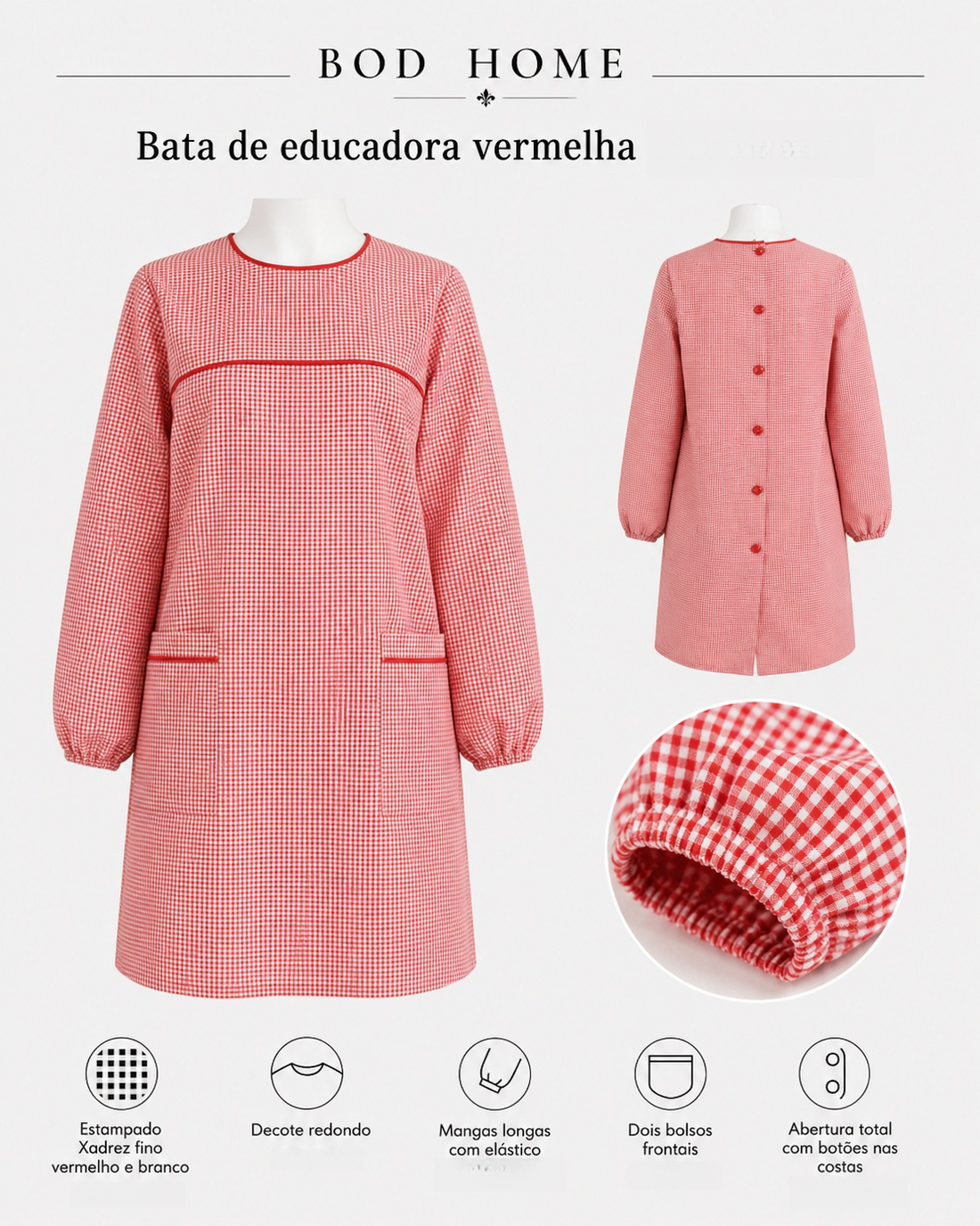 Bibe de educadora vermelho em xadrez fino para jardim de infância
