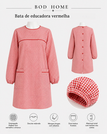 Bibe de educadora vermelho em xadrez fino para jardim de infância