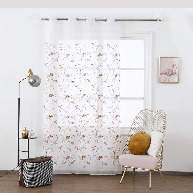 Cortina Transparente Bordada Com Folhas Castanhas - Individual- BOD HOME