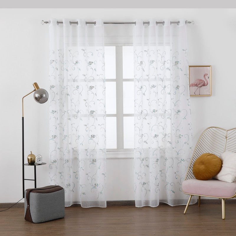 Cortina Transparente Bordada Com Folhas Azuis - Individual- BOD HOME