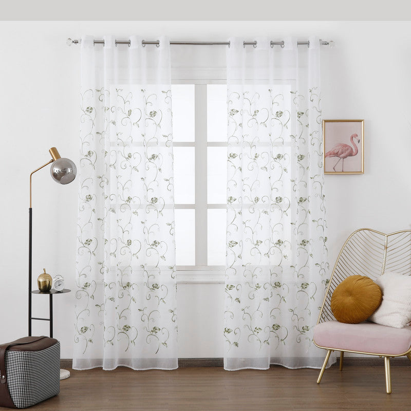 Cortina Transparente Bordada Com Folhas Verdes - Individual- BOD HOME