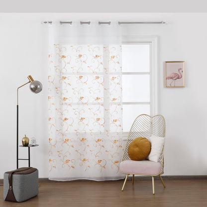 Cortina Transparente Bordada Com Folhas Laranjas - Individual- BOD HOME