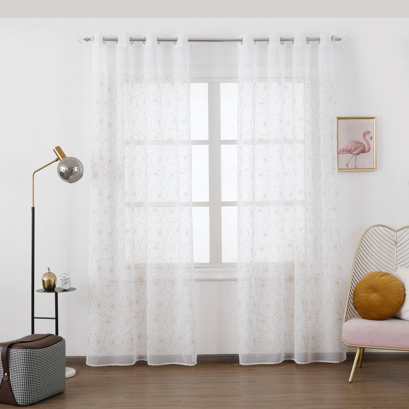 Cortina Transparente Bordada Com Flores Caramel - Individual- BOD HOME