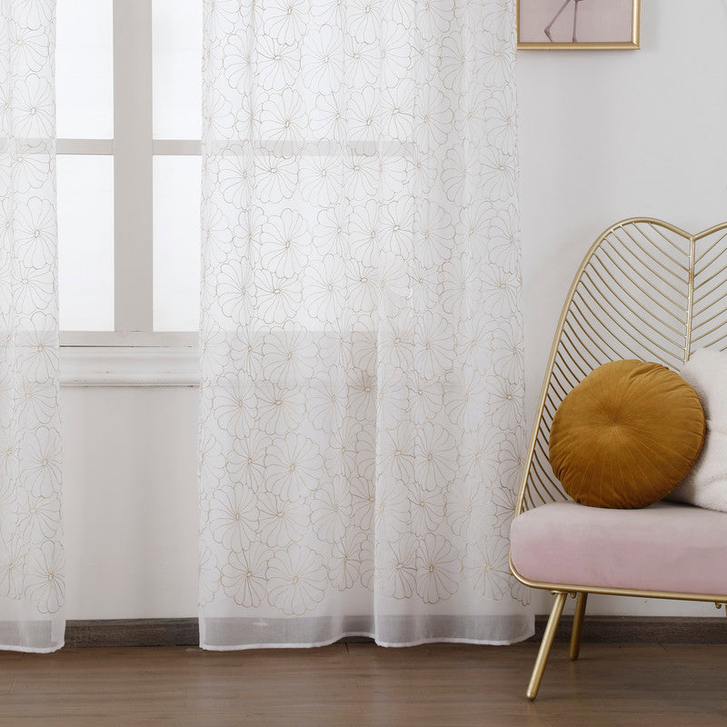 Cortina Transparente Bordada Com Flores Caramel - Individual- BOD HOME