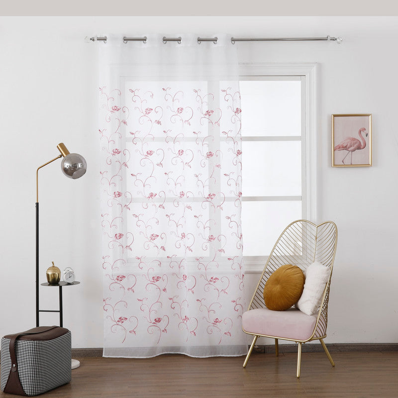 Cortina Transparente Bordada Com Folhas Cor de Rosa - Individual- BOD HOME