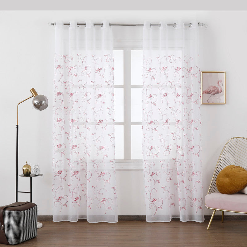 Cortina Transparente Bordada Com Folhas Cor de Rosa - Individual- BOD HOME