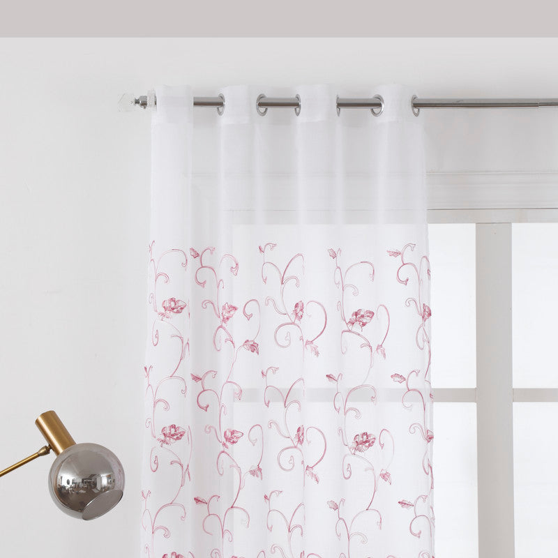 Cortina Transparente Bordada Com Folhas Cor de Rosa - Individual- BOD HOME