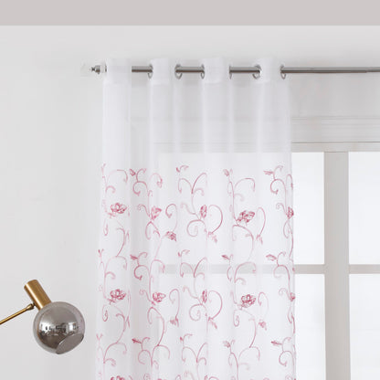 Cortina Transparente Bordada Com Folhas Cor de Rosa - Individual- BOD HOME