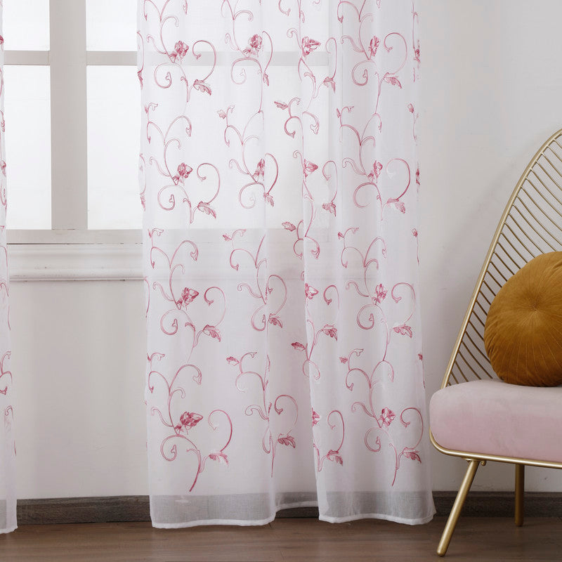 Cortina Transparente Bordada Com Folhas Cor de Rosa - Individual- BOD HOME