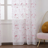 Cortina Transparente Bordada Com Folhas Cor de Rosa - Individual- BOD HOME