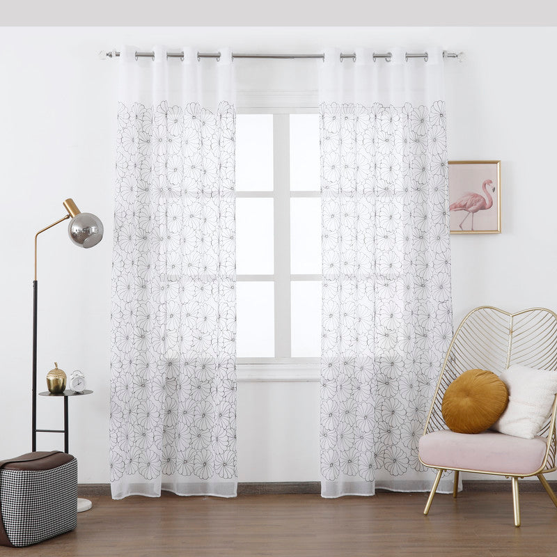 Cortina Transparente Bordada Com Flores Castanhas Escuras - Individual- BOD HOME