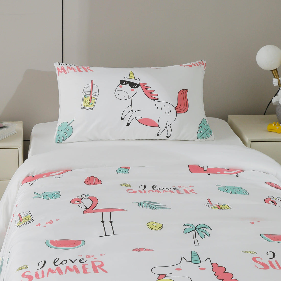 CAPA DE EDREDÃO ESTAMPADOS PARA CRIANÇA FLAMINGOS EM BRANCO (CAMA 90/100)-BOD HOME - BOD HOME