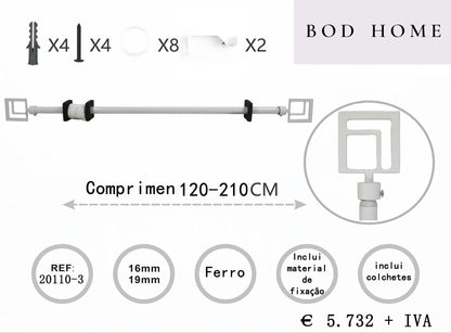 VARÃO PARA CORTINA METAL BRANCO 120-210cm QUADRADO - BOD HOME