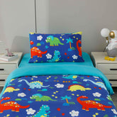 CONJUNTO DE LENÇÓIS ESTAMPADOS PARA CRIANÇA DINOSSAUROS EM AZUL (CAMA 90/100) - BOD HOME