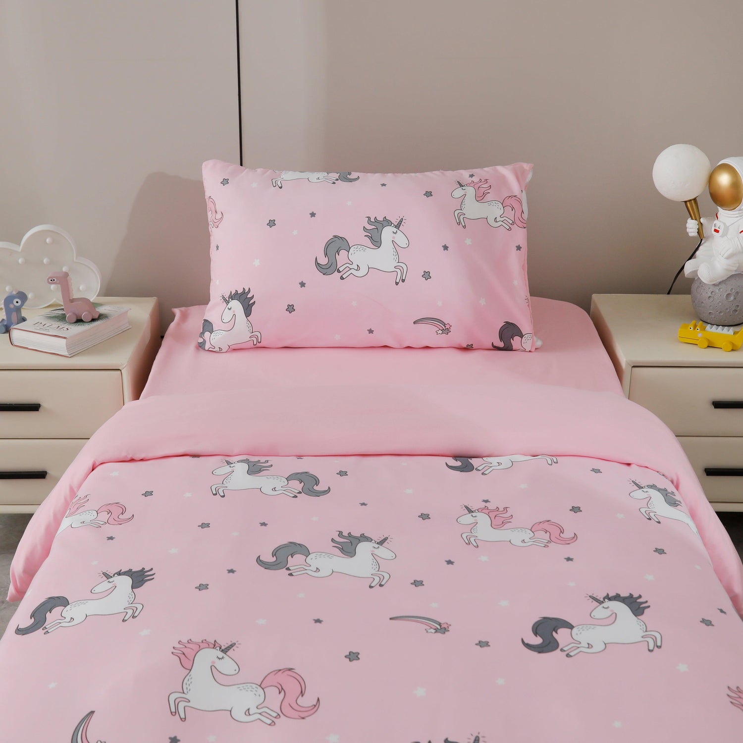 CONJUNTO DE LENÇÓIS ESTAMPADOS PARA CRIANÇA UNICÓRNIO EM ROSA (CAMA 90/100) - BOD HOME