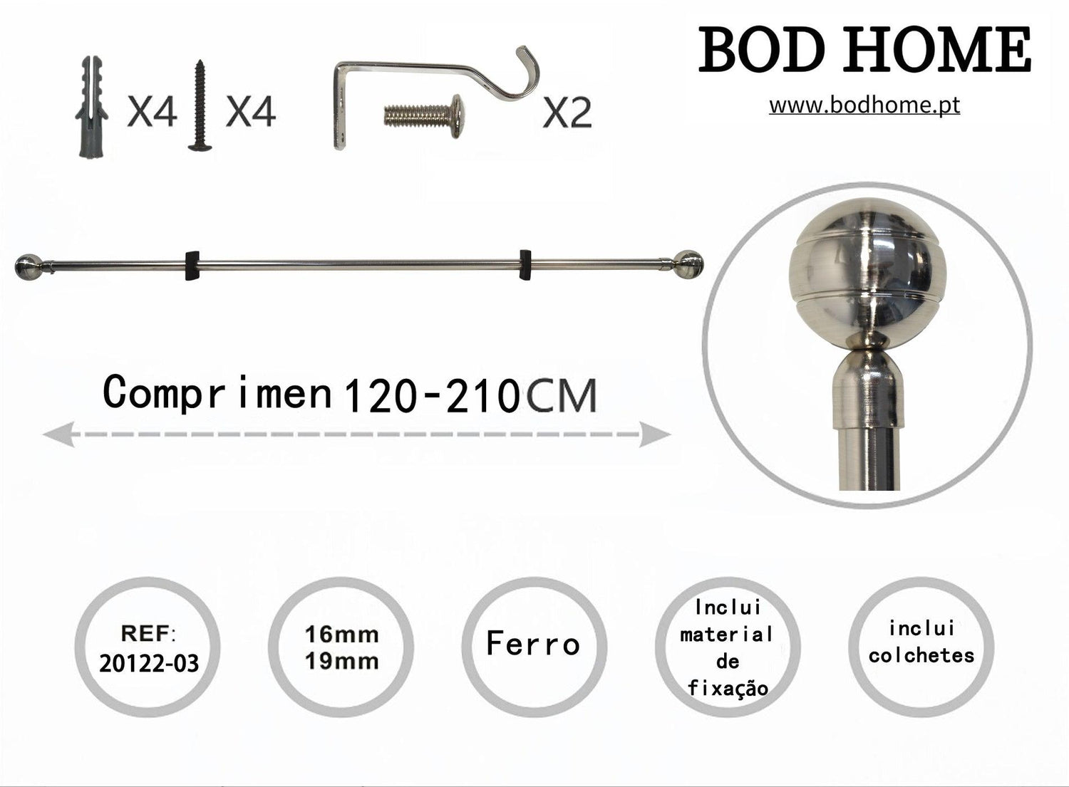 Varao De Cortina 120-210cm Esférica Prateada - BOD HOME