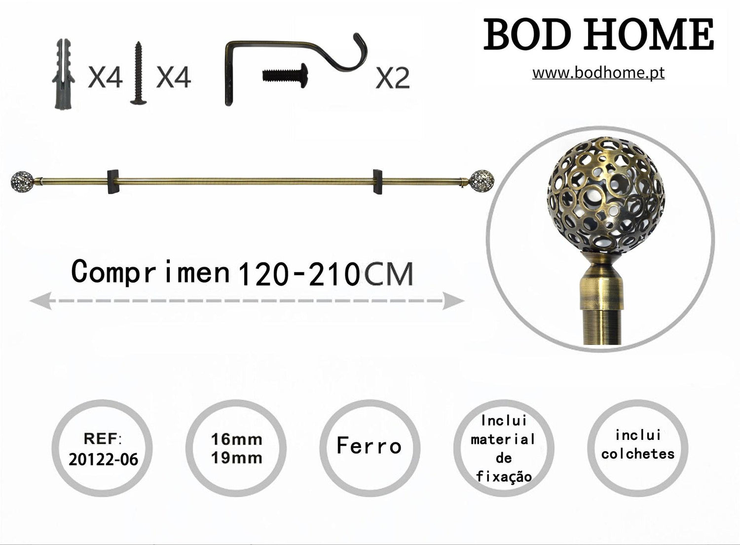 Varao De Cortina 120-210cm Esférica Vazada Dourada - BOD HOME