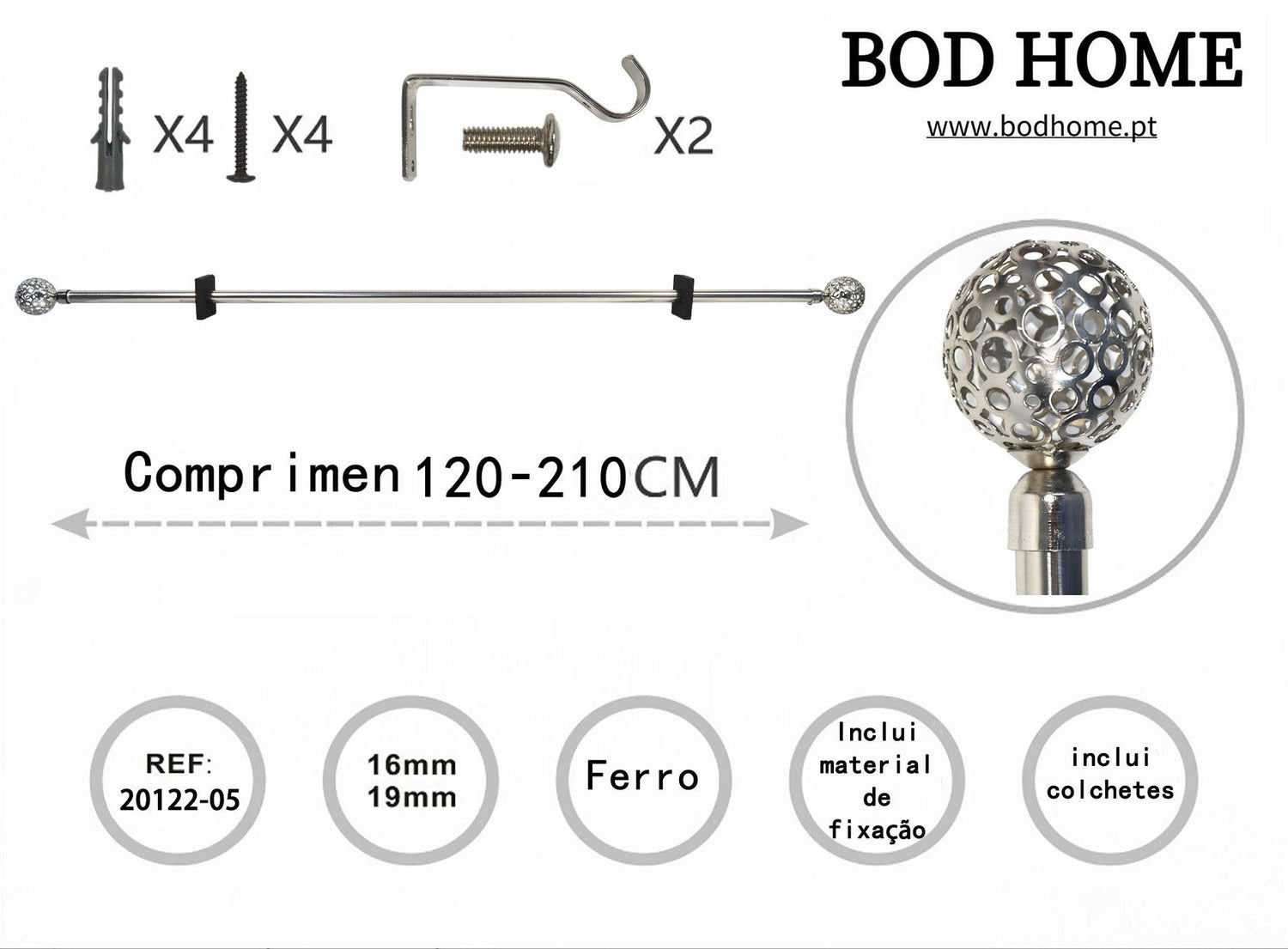 Varao De Cortina 120-210cm Esférica Vazada Prateada - BOD HOME