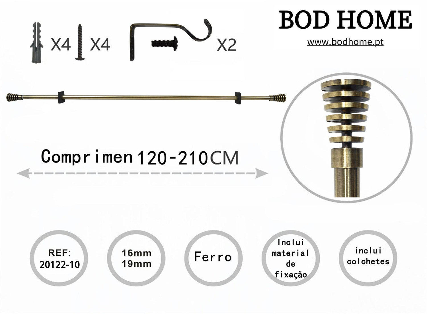 Varao De Cortina 120-210cm Espiral Dourada - BOD HOME